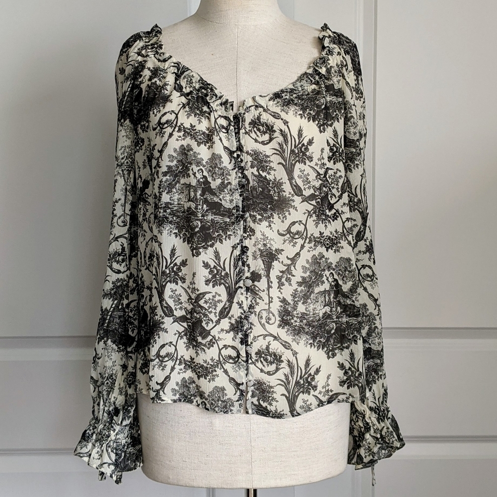 PAIGE Blouse 100% Silk Semi-Sheer Long Sleeves Toile Print Black Parchment S NWT